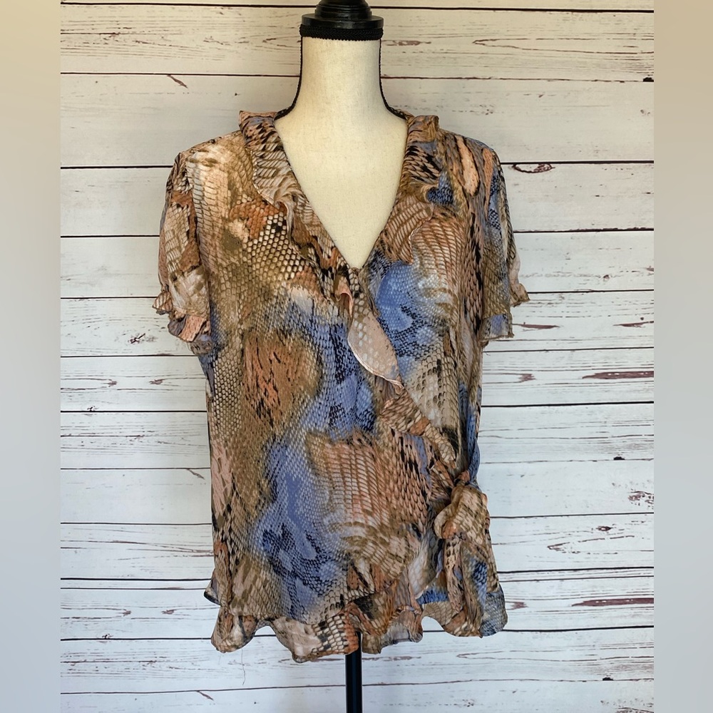 Dress Barn Ruffle Snakeskin Short Sleeve Brown Blue Coral Blouse